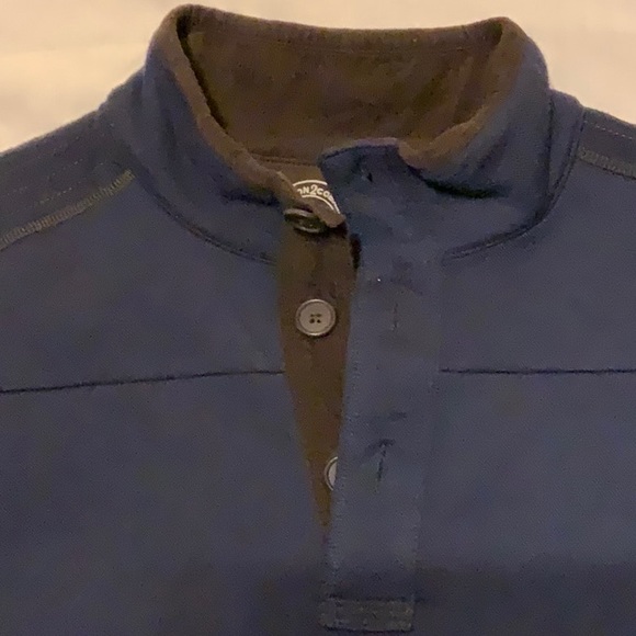 Men’s Navy Button Plaque Henley with Topstitching and  Brown Corduroy Trim - Picture 2 of 10